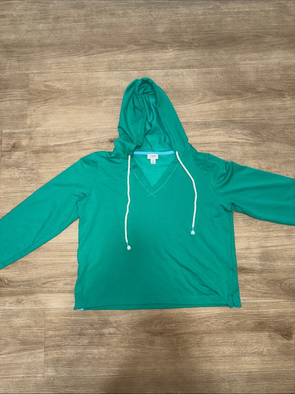 J. Crew Teal Green V-Neck Hoodie with White Drawstrings